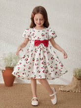 Young Girls Countryside Vacation Butterfly Decor Fruit Print Puff Sleeve Dress